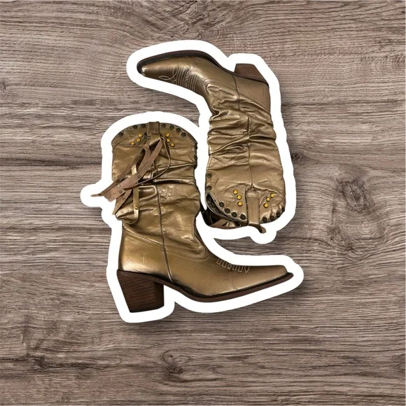 Steve Madden leather metallic gold stud detail slouch fringe cowgirl boots - Picture 2 of 13